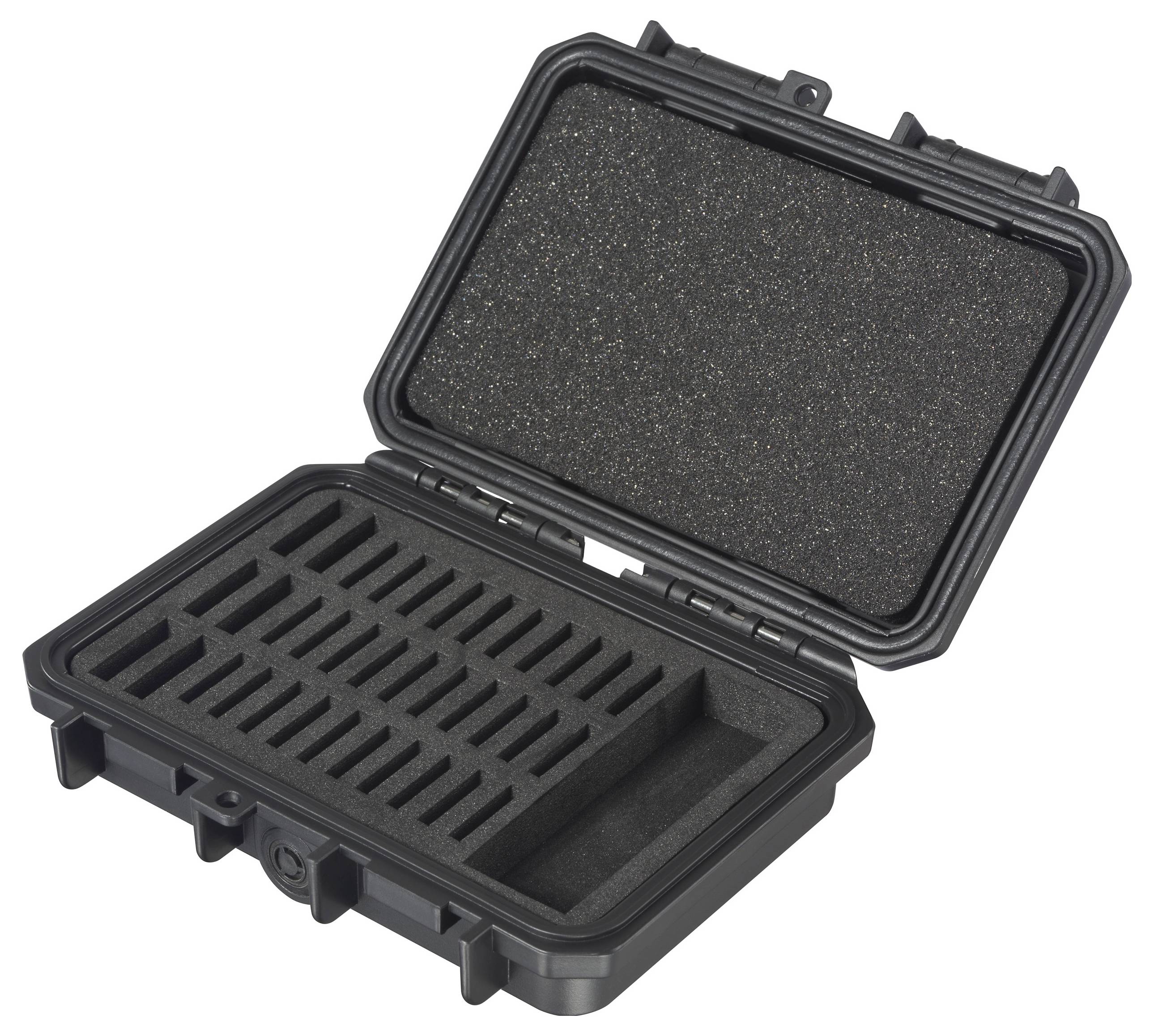 An opened black protective case with foam lining reveals compartments for securely storing tools or equipment.
