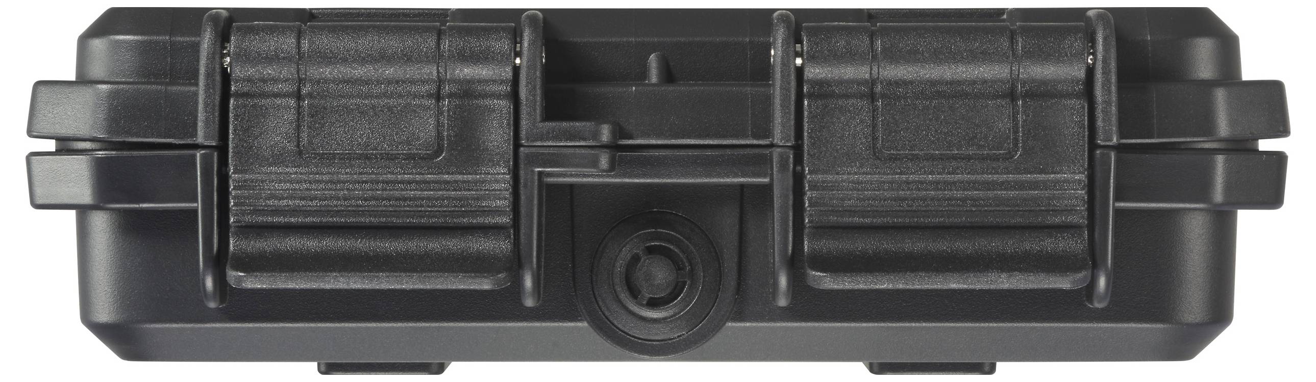 Black hard-shell case with robust locks and a central button, suitable for securely transporting delicate items.