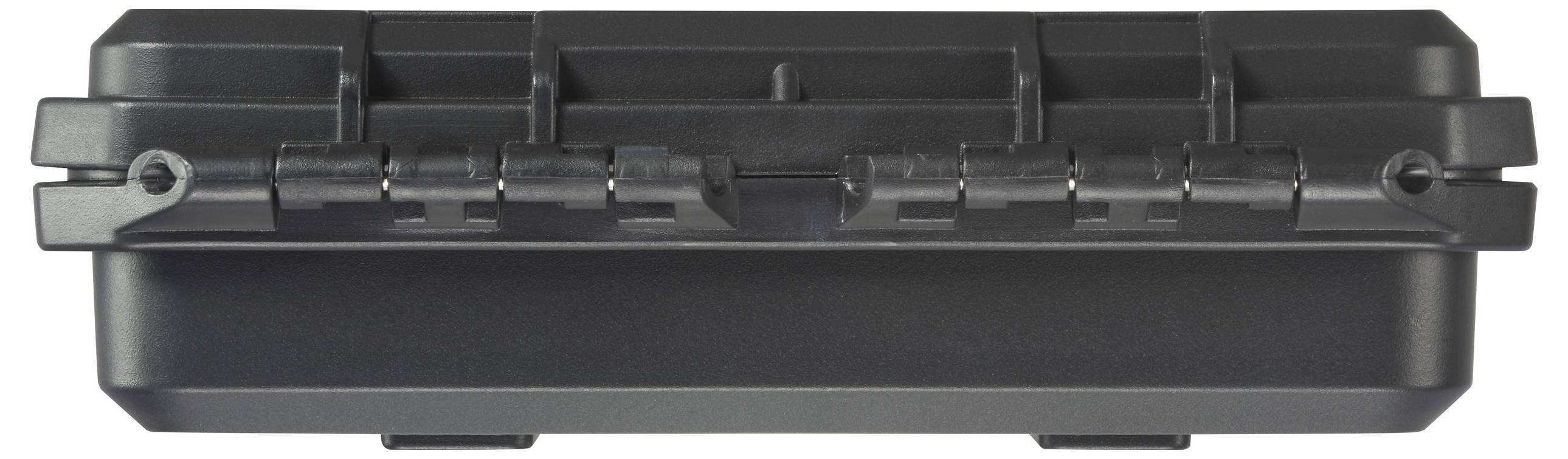 A black, rectangular hard-shell suitcase with robust locks. The case appears sturdy and protective.