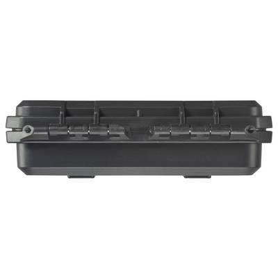 A black, rectangular hard-shell suitcase with robust locks. The case appears sturdy and protective.