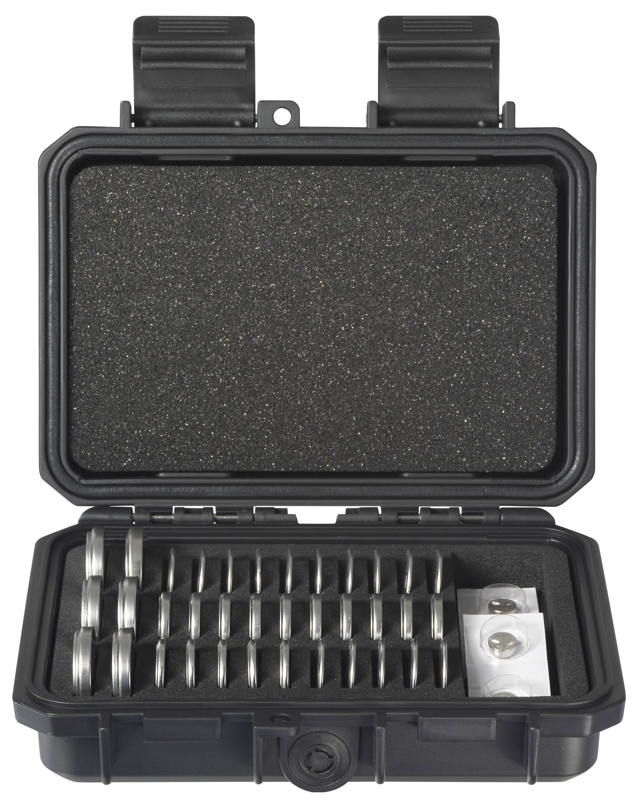 An open, black protective case reveals neatly arranged, round metal objects and a small, white sachet containing two button batteries.