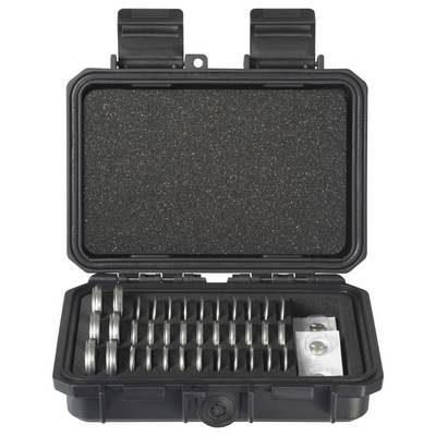 An open, black protective case reveals neatly arranged, round metal objects and a small, white sachet containing two button batteries.