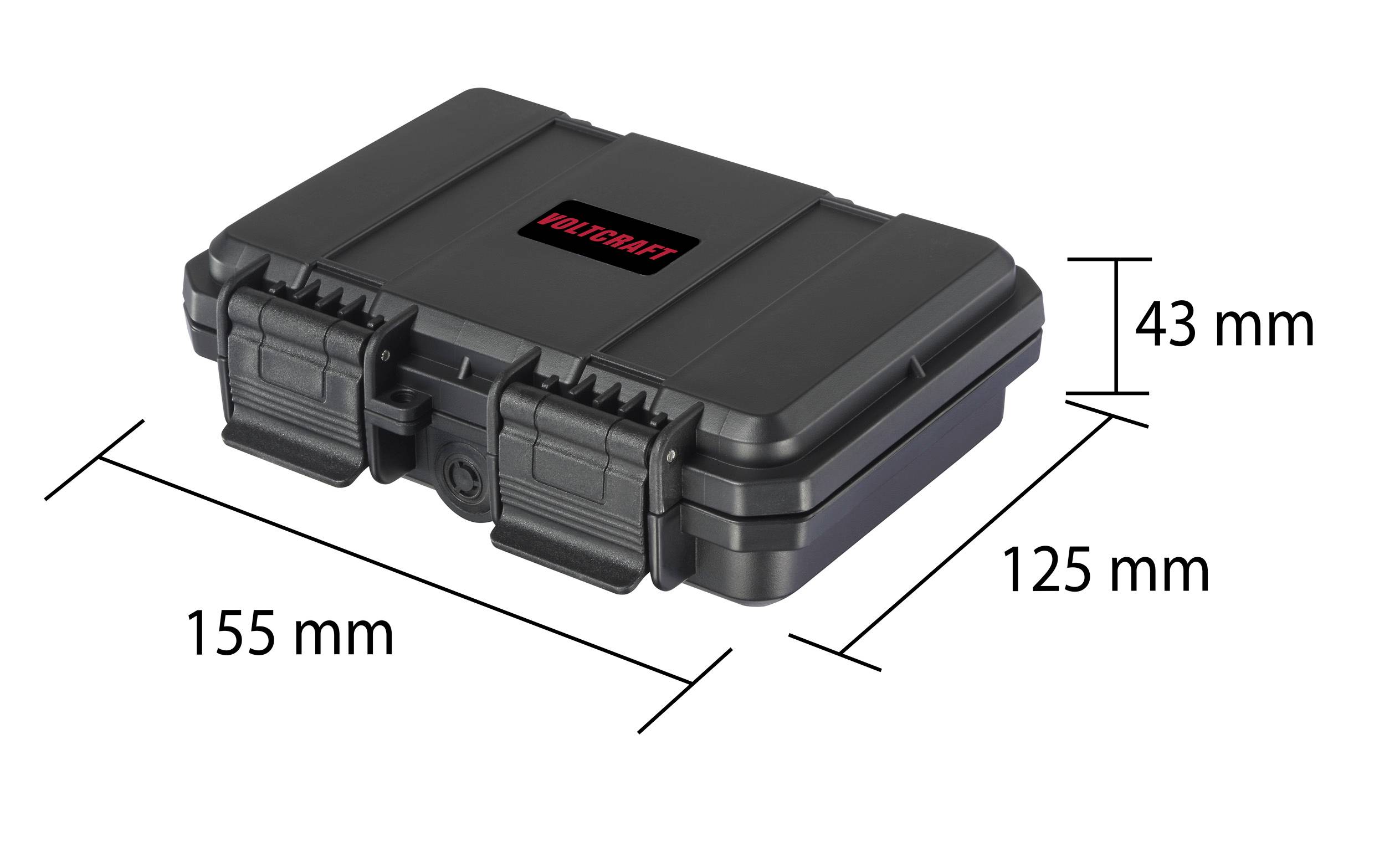 Black plastic case with dimensions 155 mm x 125 mm x 43 mm, suitable for securely storing small items.