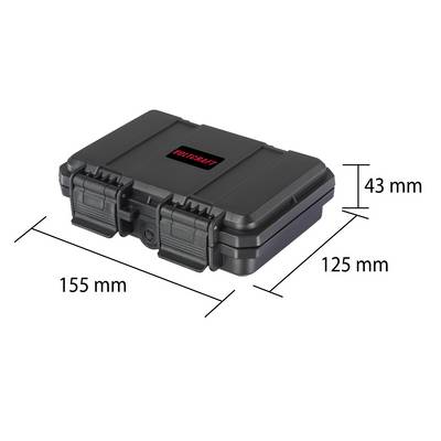 Black plastic case with dimensions 155 mm x 125 mm x 43 mm, suitable for securely storing small items.