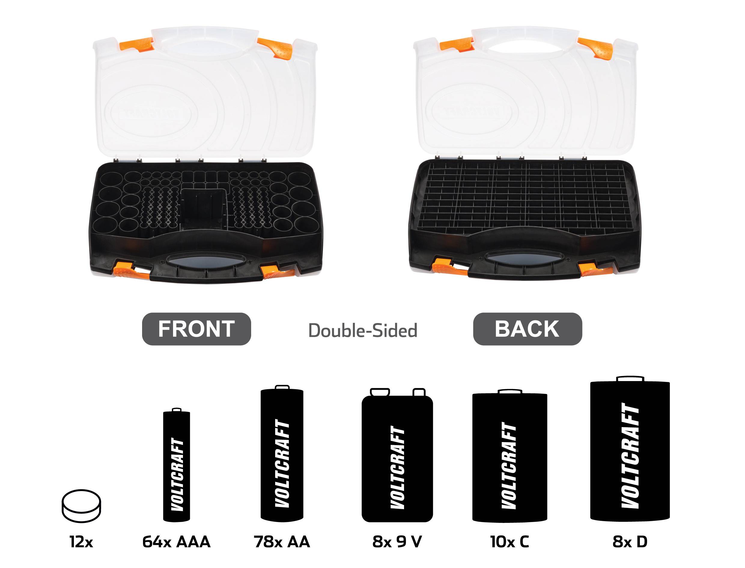 Battery holder with two sides: Front side contains 12x C, 64x AAA, 78x AA batteries. Reverse side holds 8x 9V, 10x C, 6x D batteries.