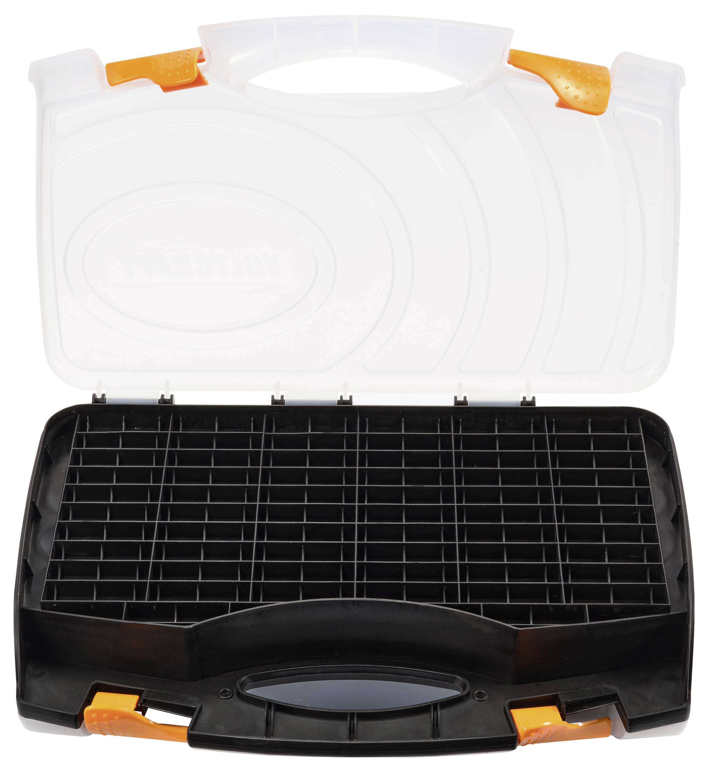 Opened black plastic case with orange clips, empty with a grid-style insert, suitable for storage.