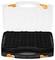 Opened black plastic case with orange clips, empty with a grid-style insert, suitable for storage.