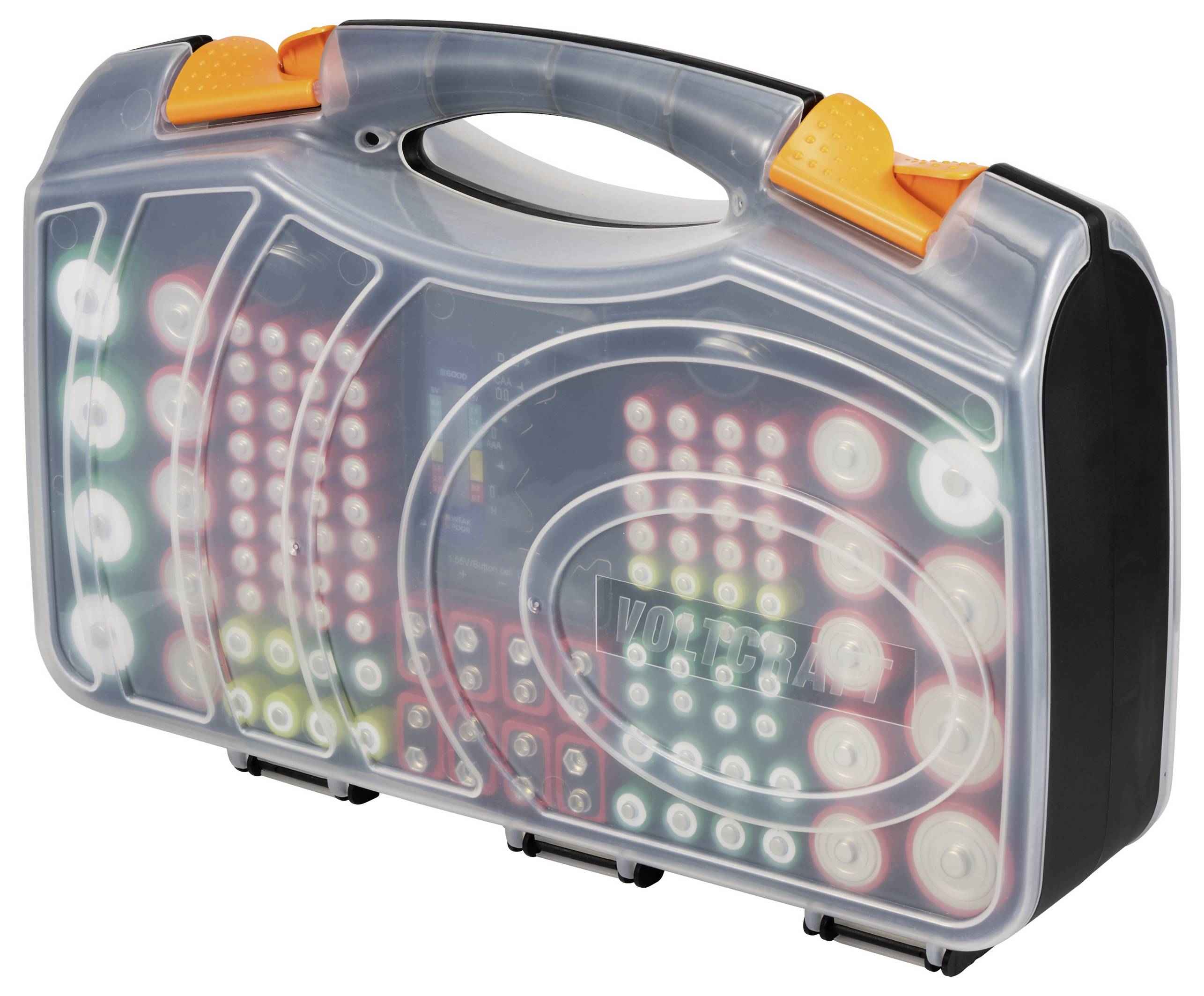 A transparent plastic case with various types of batteries, organised in compartments.