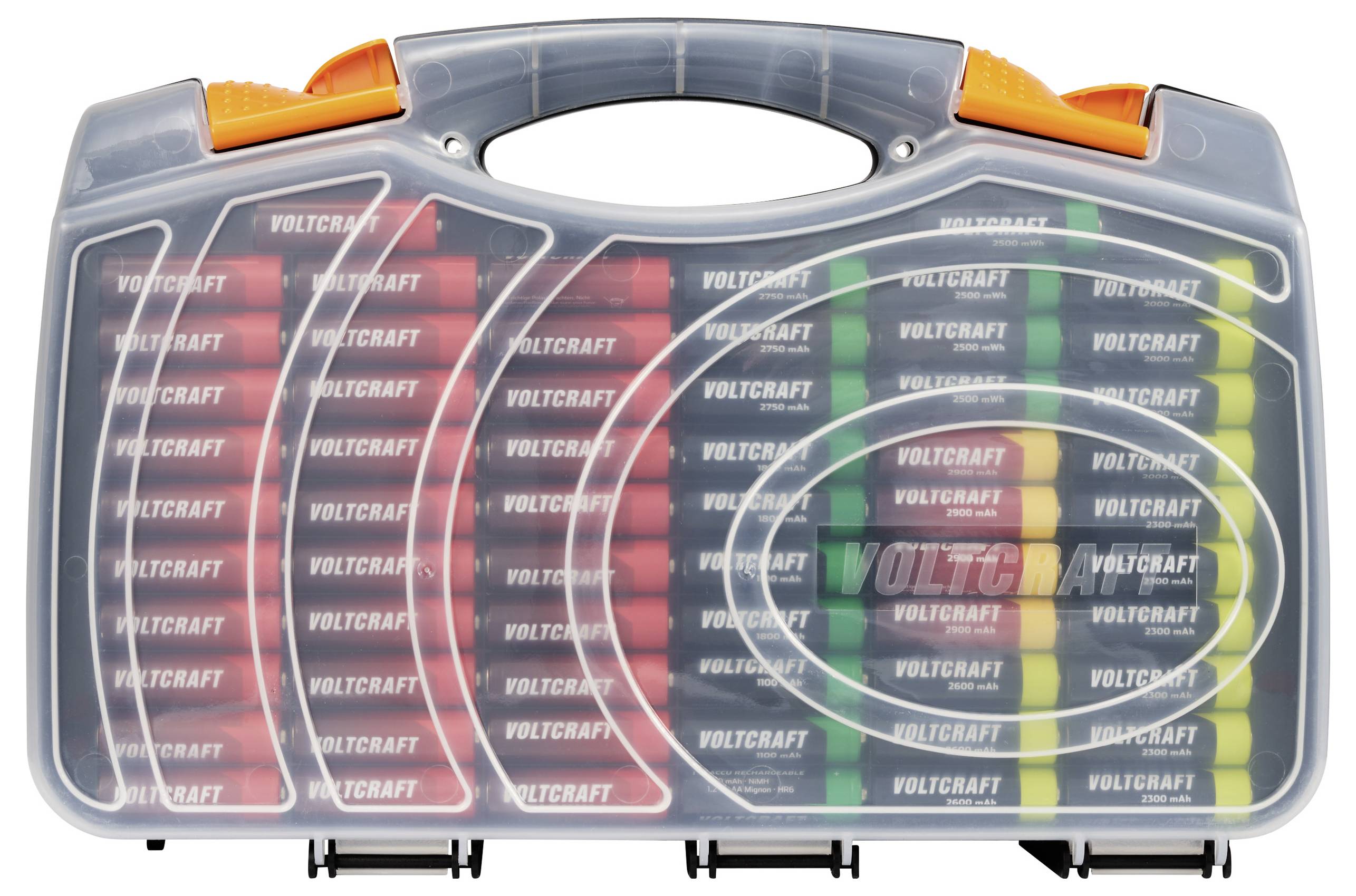 Plastic containers with transparent lids, filled with numerous batteries in various colours. Brand name visible on batteries.