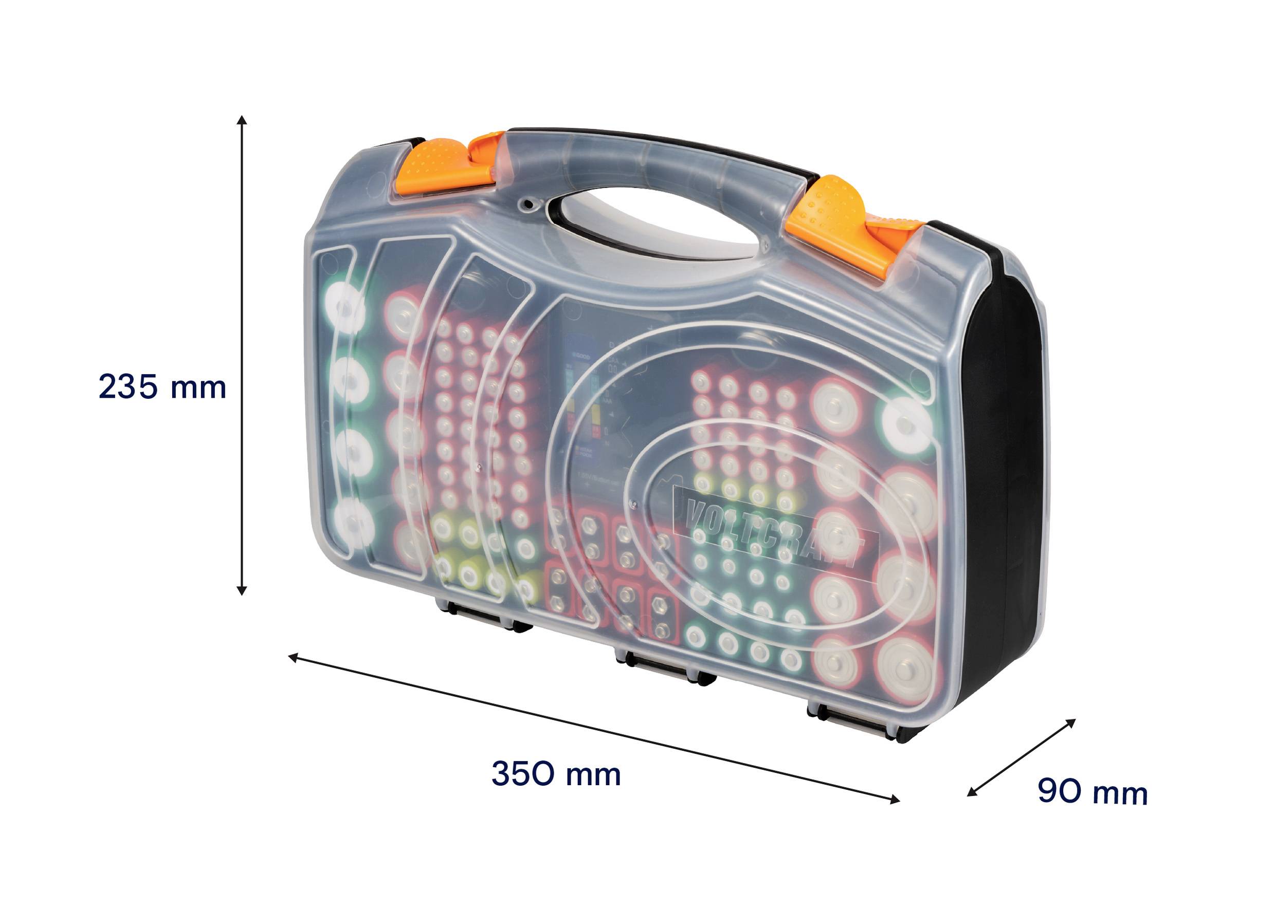Transparent plastic case with dimensions: 235 mm high, 350 mm wide, 90 mm deep; contains colourful, round objects.