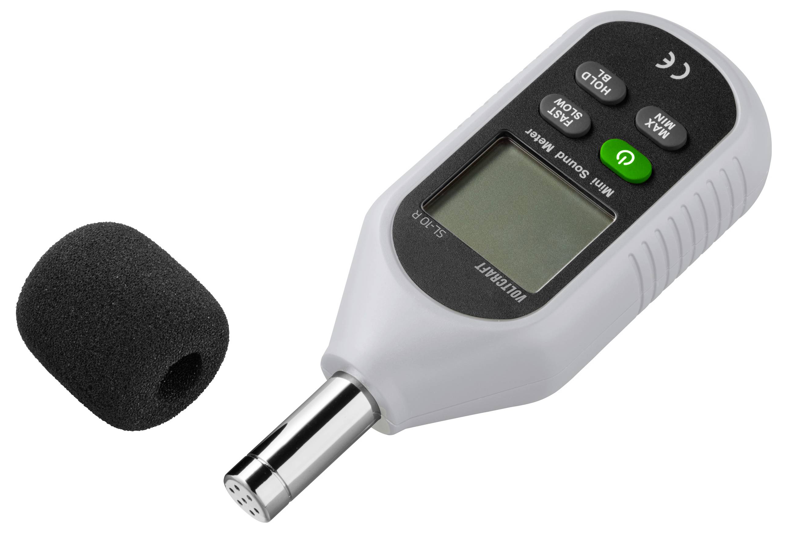 Sound level meter with digital display, buttons for settings and a detachable windscreen for noise measurement.