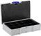 Grey, open tool case with black compartments for storing small items, blue closure on top.