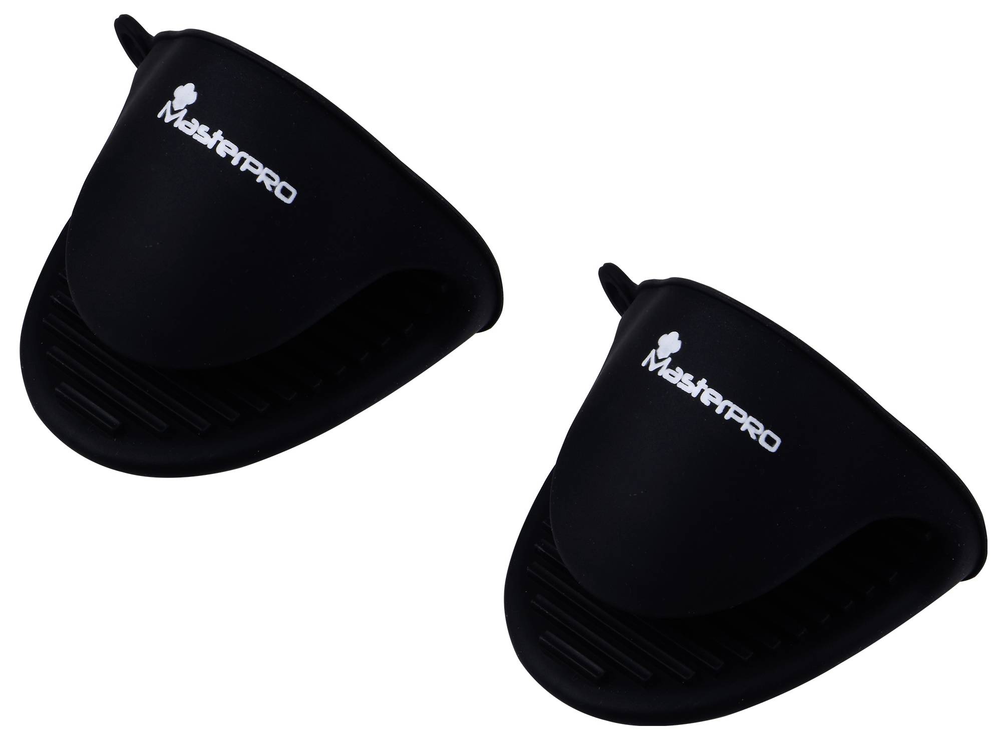 Two black, curved protective caps with white logo print, presumably suitable for protecting objects or surfaces.