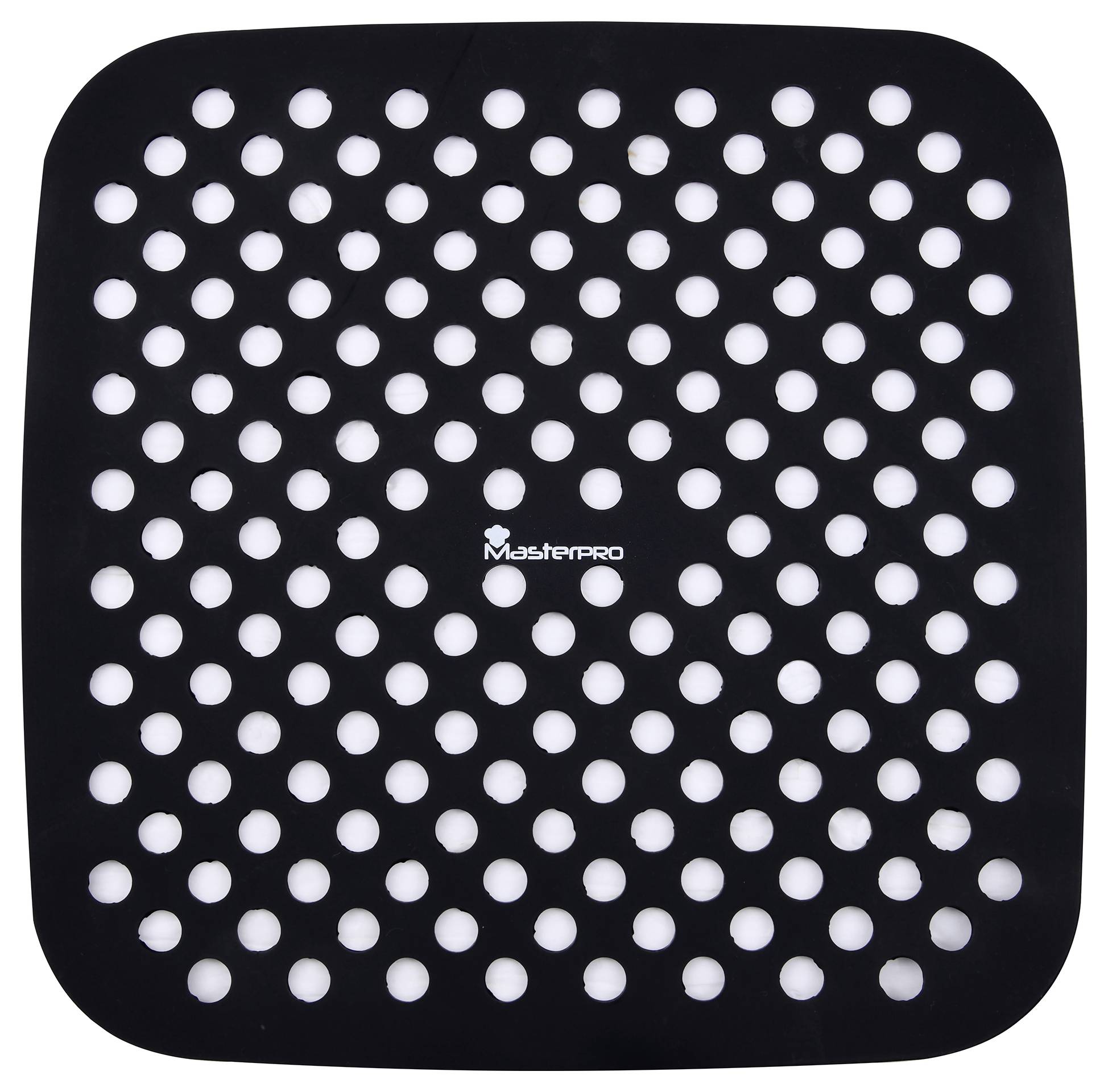 A black square shower head plate with many evenly distributed white nozzles and a central logo.