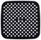 A black square shower head plate with many evenly distributed white nozzles and a central logo.