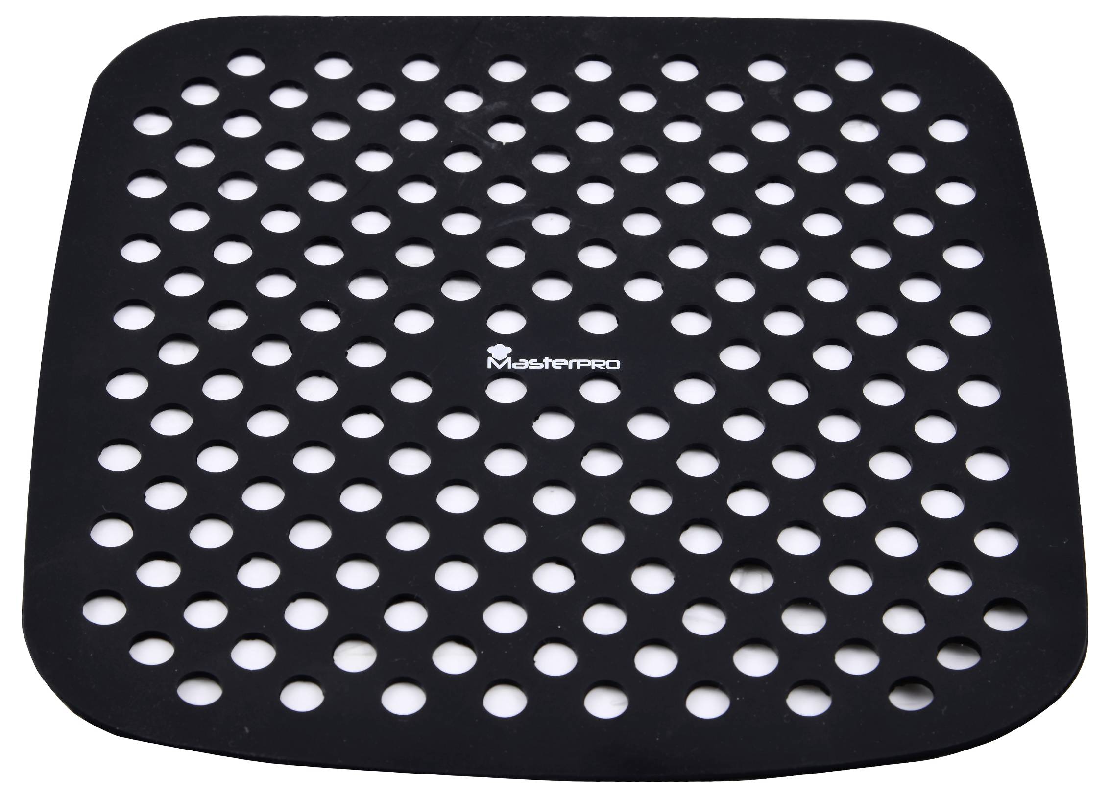 Black square silicone mat with round holes, serving as a non-slip trivet for cookware.