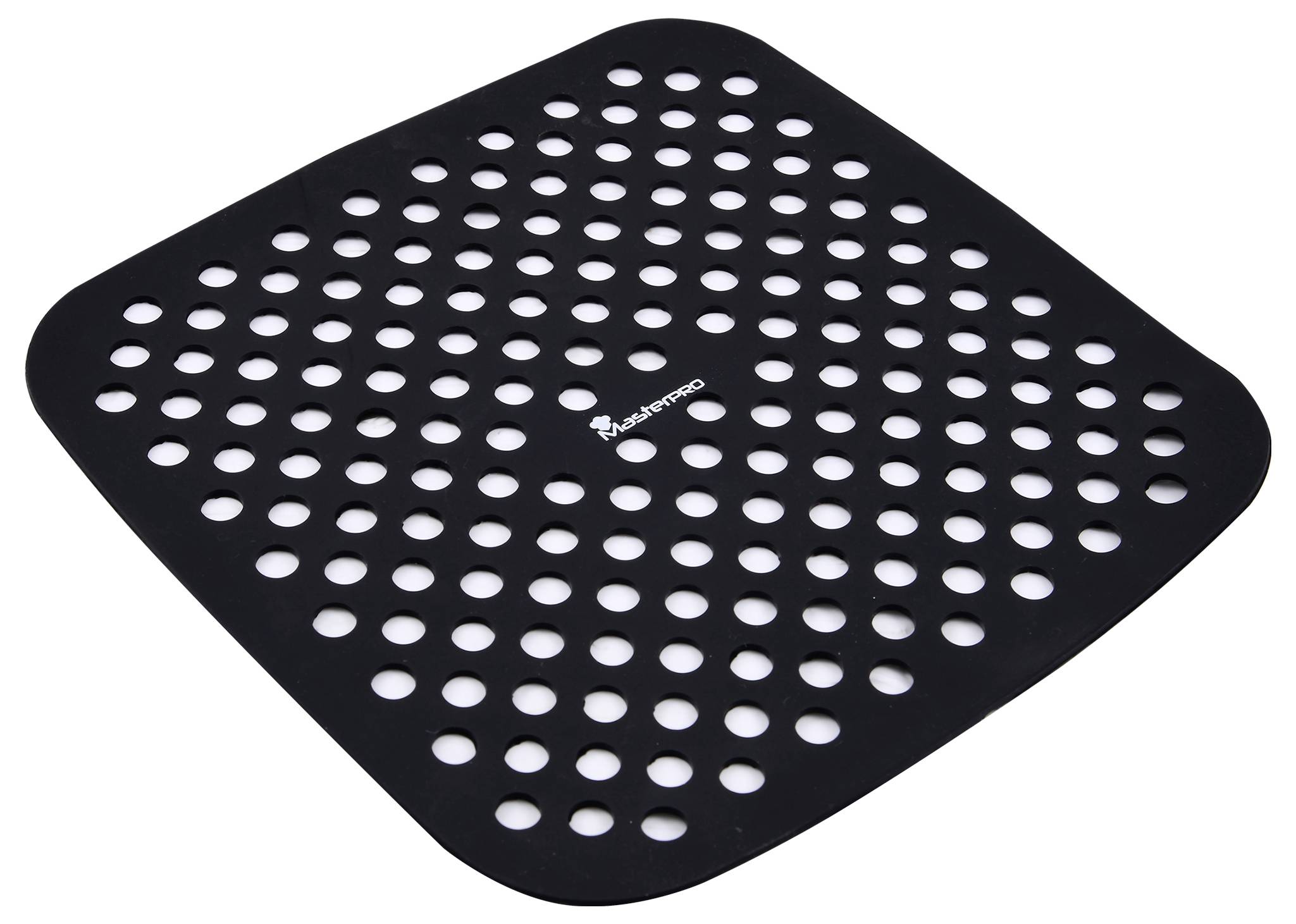 Black square silicone mat by Matpro with evenly distributed round holes. Suitable as heat protection or underlay.