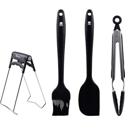 Barbecue utensil set comprising a chicken roaster, basting brush, spatula, and tongs, made from black plastic and metal.