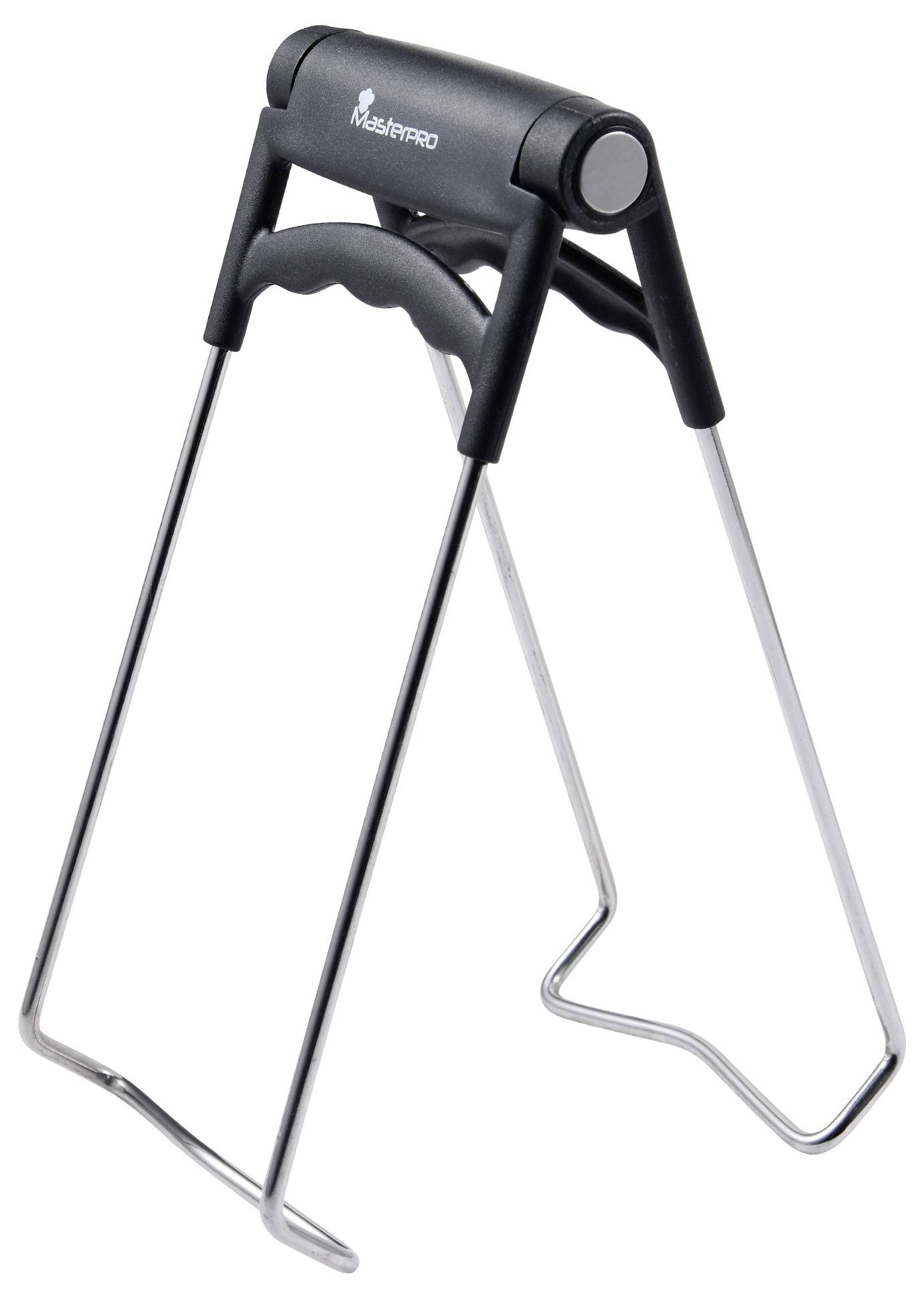 'Black and silver metal lid holder with plastic accents, stands upright for storing lids.'