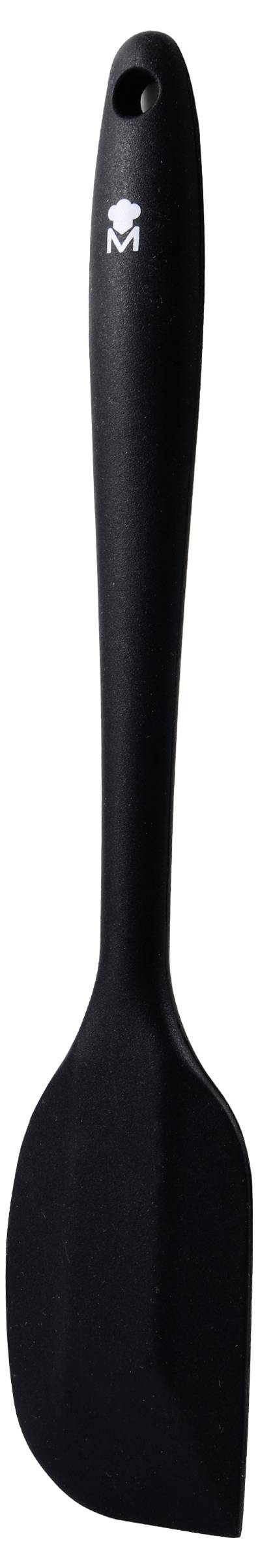 A black silicone spatula with a perforated handle, suitable for cooking and baking. Ideal for mixing and distributing ingredients.