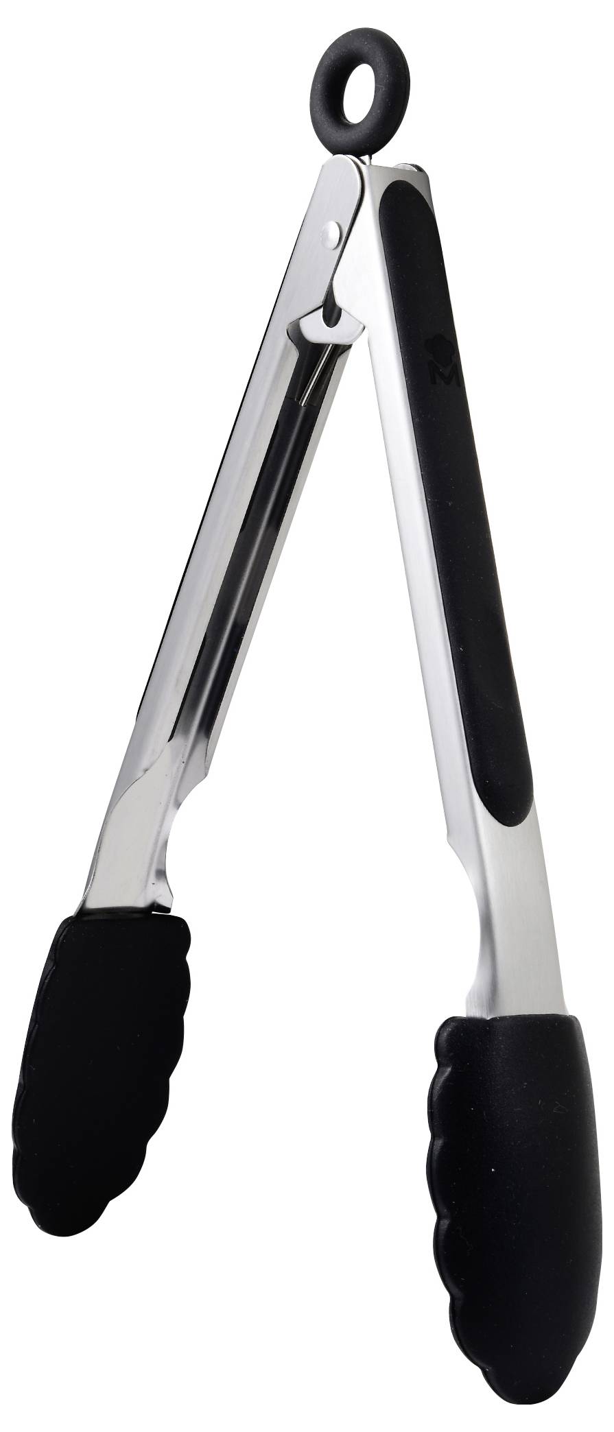 Metal kitchen tongs with black, non-slip silicone handles and ends, ideal for gripping food.