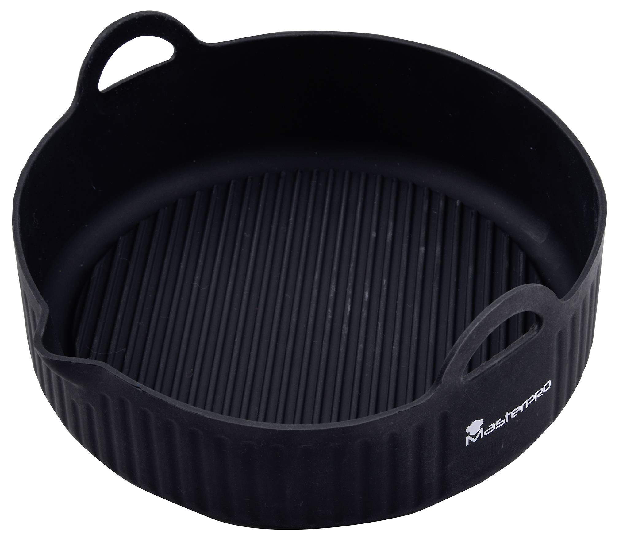 Round black grill pan made of silicone with ridged base and side handles, brand logo visible. Perfect for grilling.