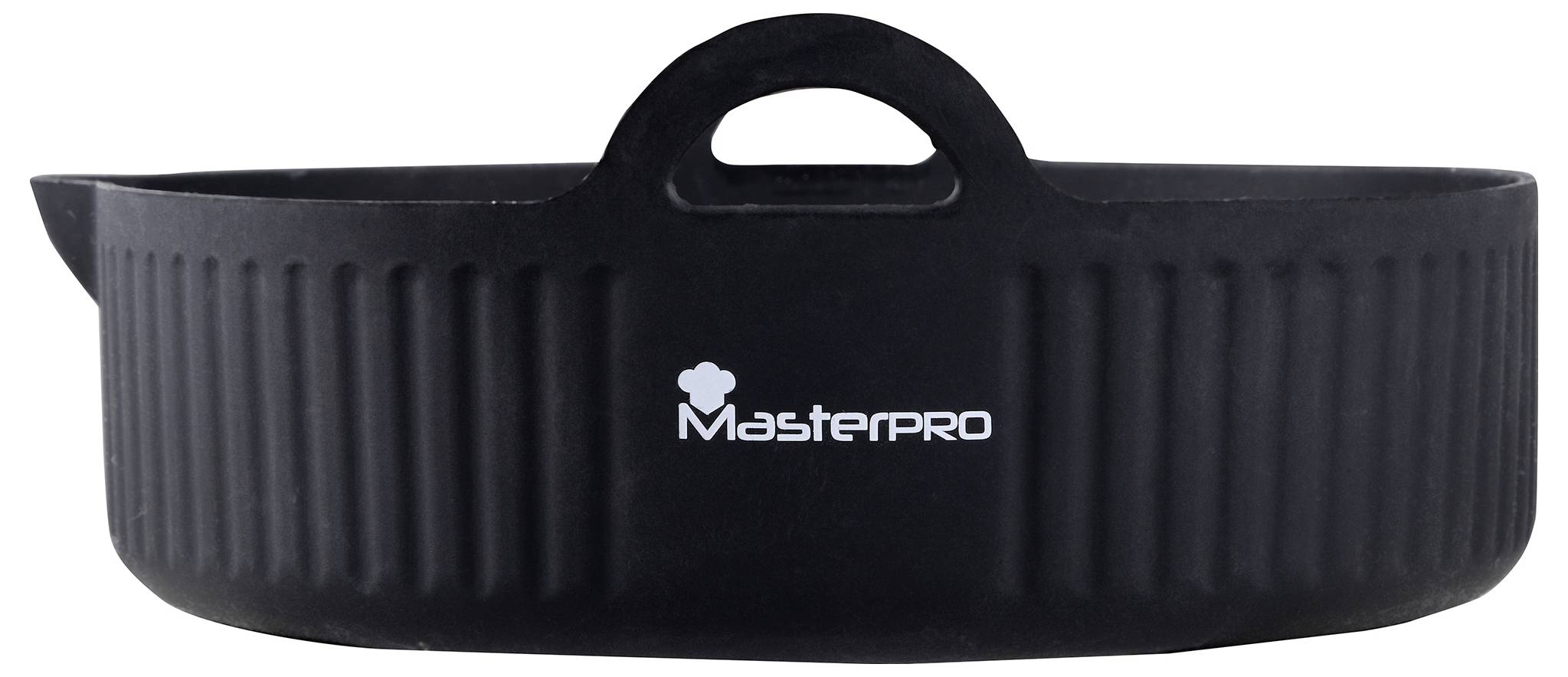 Black, round casserole dish with handles and the inscription 'Masterpro'.