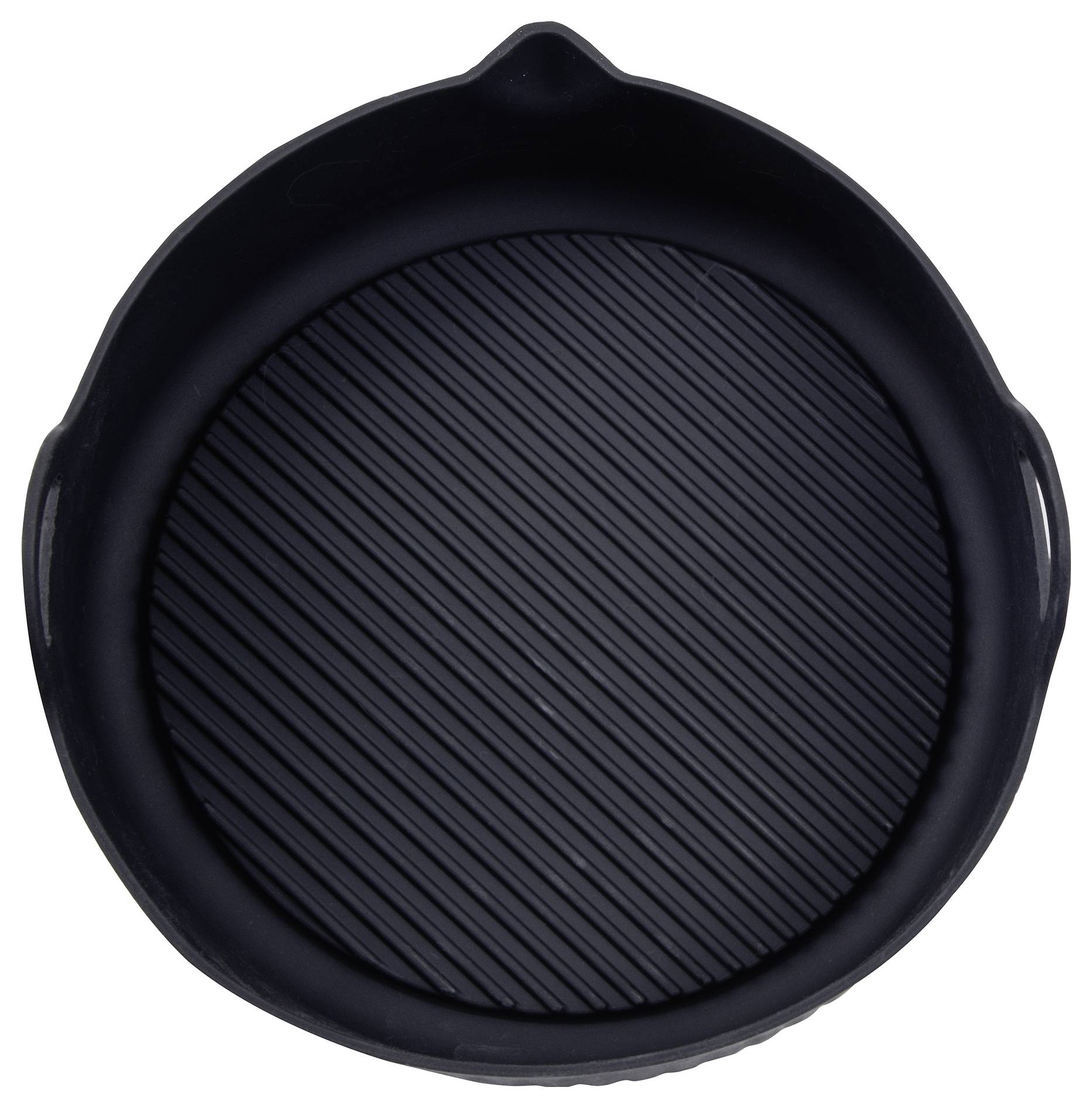 Round, black, non-stick griddle pan with a ridged base, suitable for frying or grilling food.