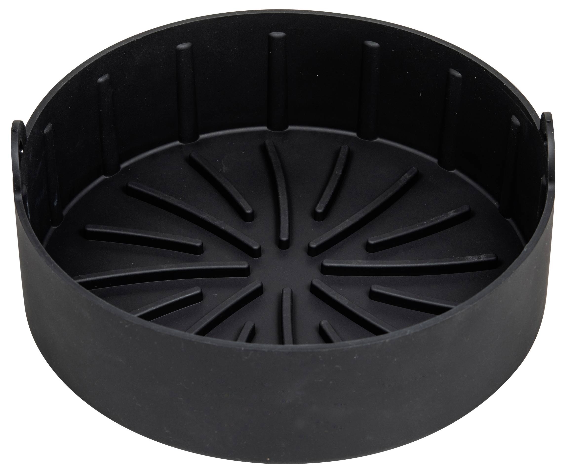 Round black plastic bowl with vertical markings and a spiral pattern on the base.