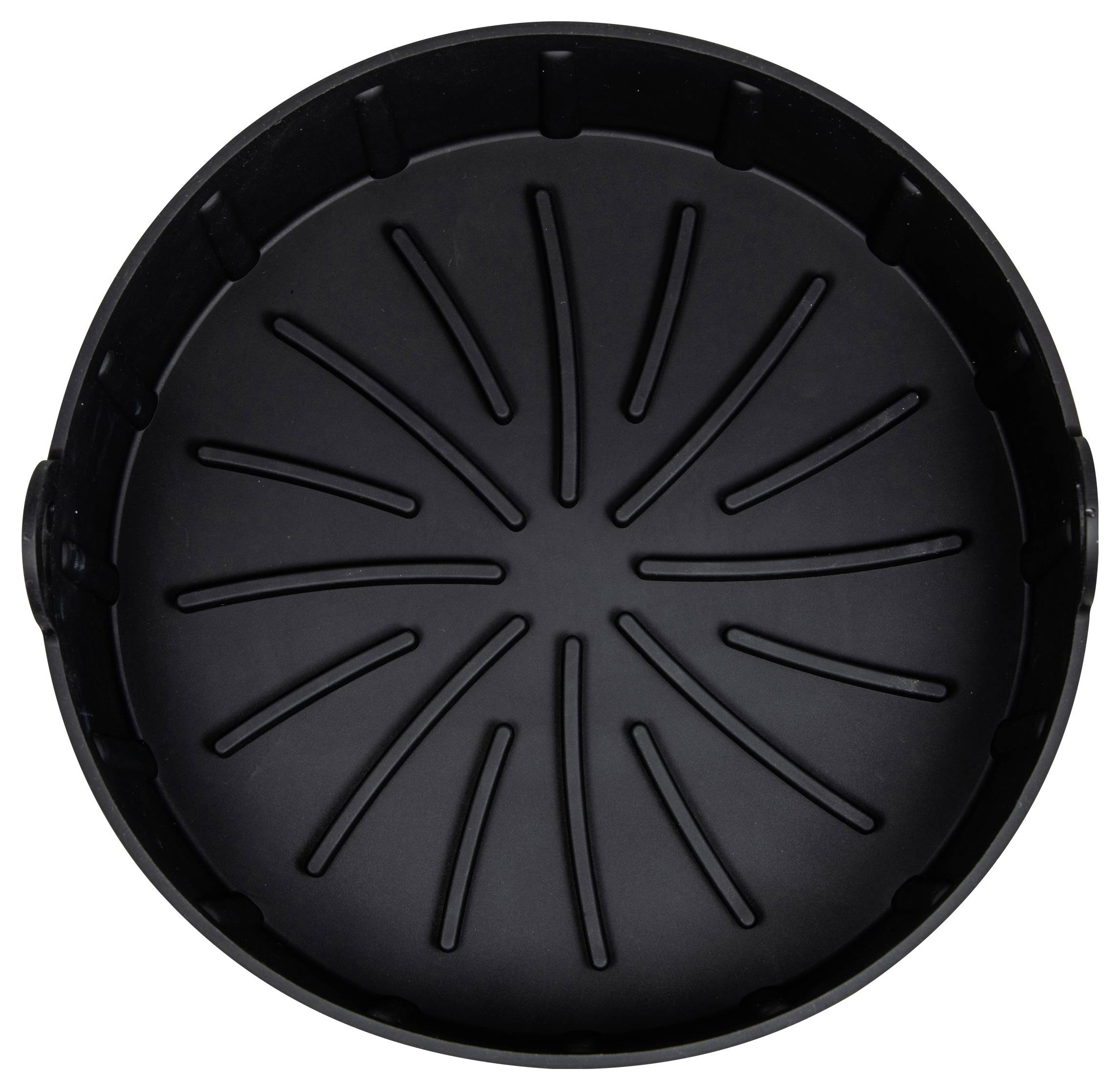 Black round plastic bowl with radial raised sections on the inside.