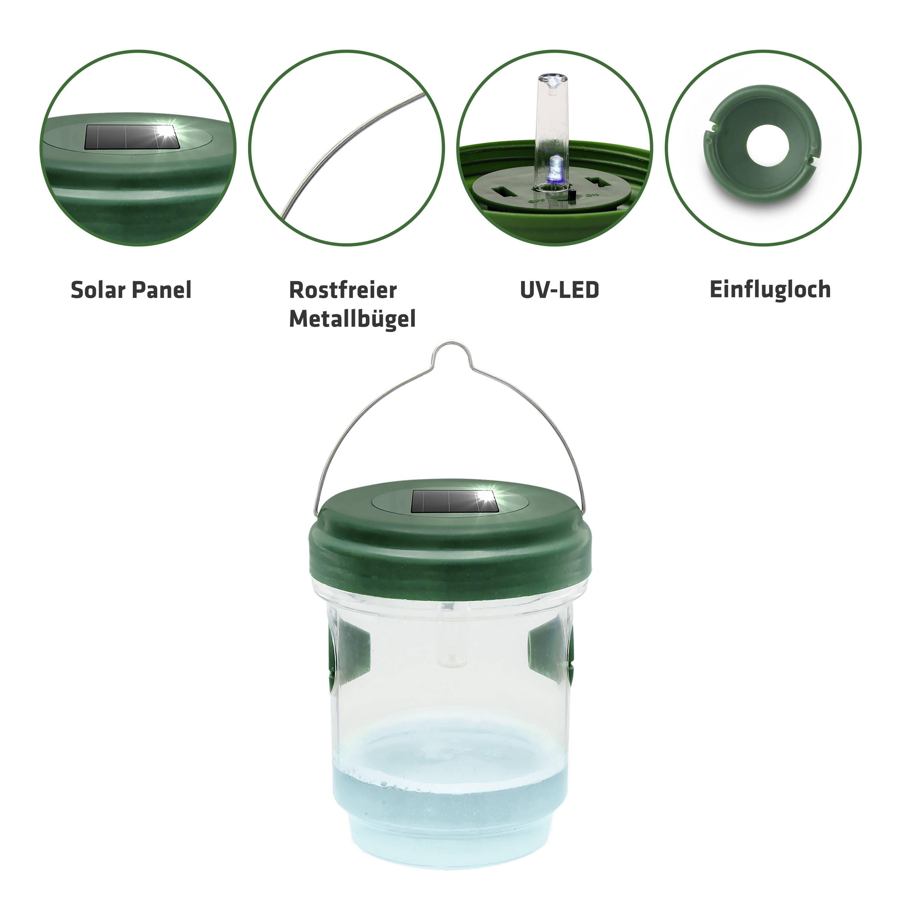 Solar-powered mosquito trap with UV LED, stainless steel frame and entry hole. Includes solar cells on the lid.