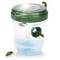 A transparent insect-catching container with a green lid and small opening, surrounded by three wasps; contains blue liquid.
