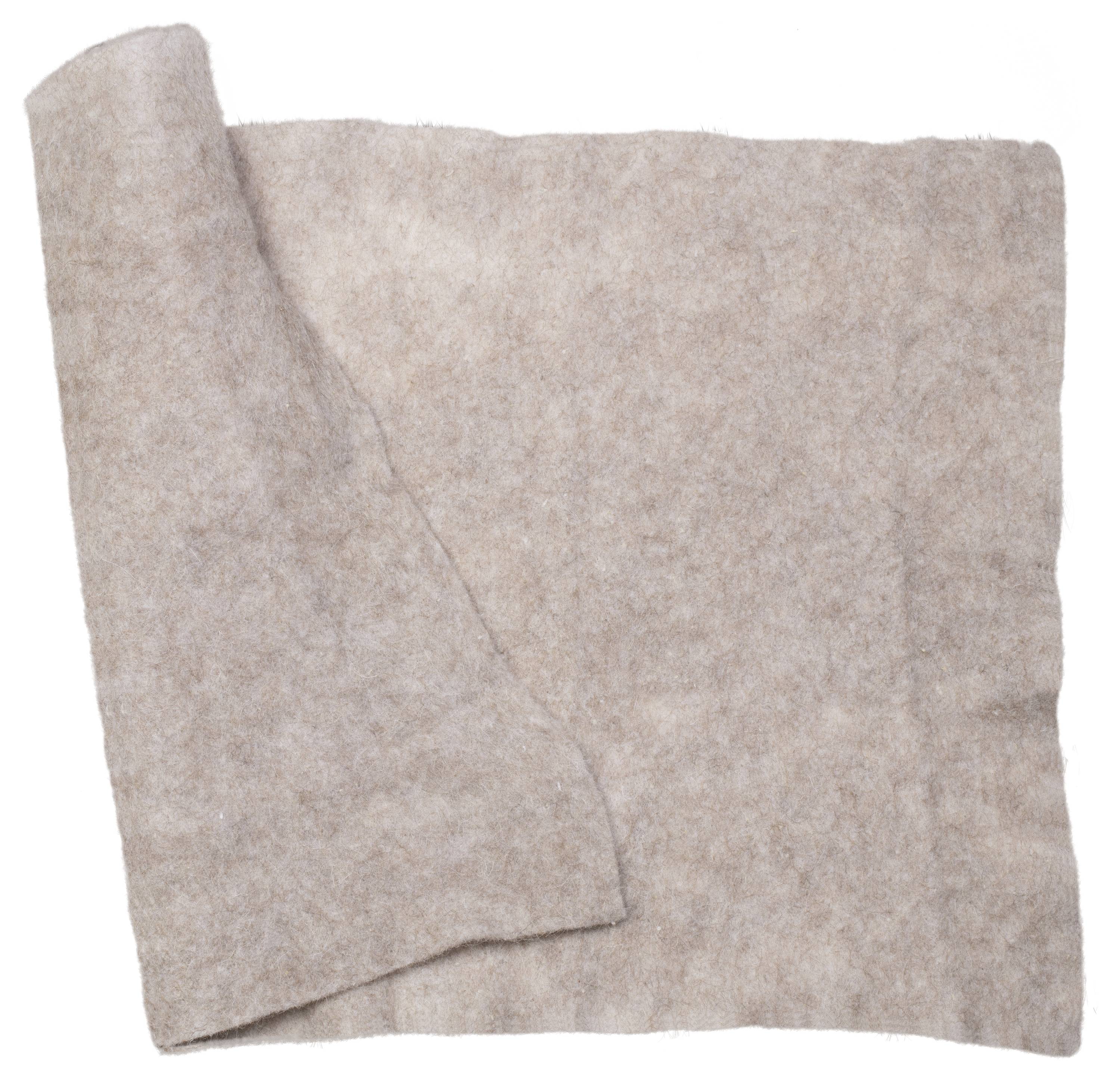 A large piece of grey-brown felt, slightly rolled up. The fabric feels soft and dense, suitable for craft work or insulation.