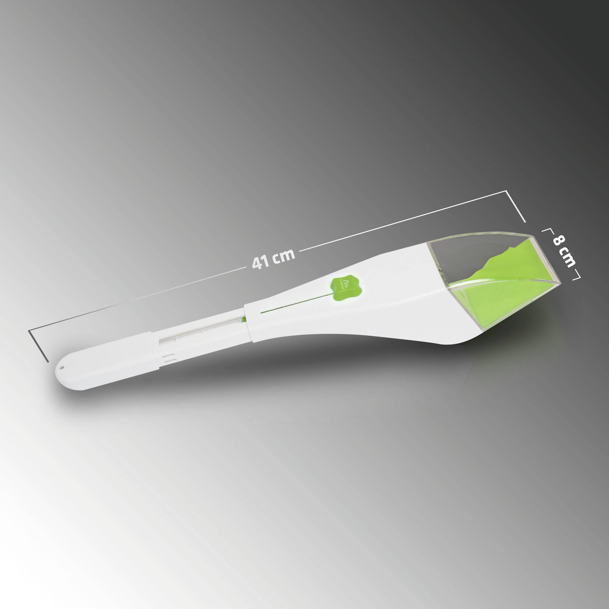A long, white-green kitchen utensil, approximately 41 cm long, with a cutting blade and transparent container is depicted.