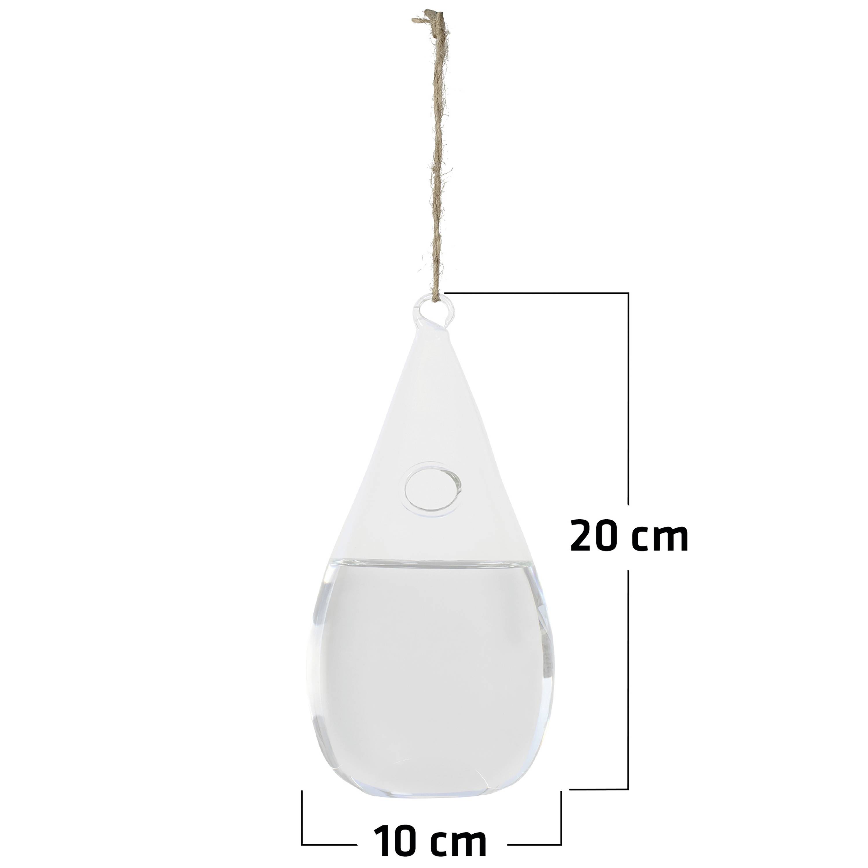 Glass water droplet-shaped hanging ornament, half-filled with water, measuring 20 cm in height and 10 cm in width.