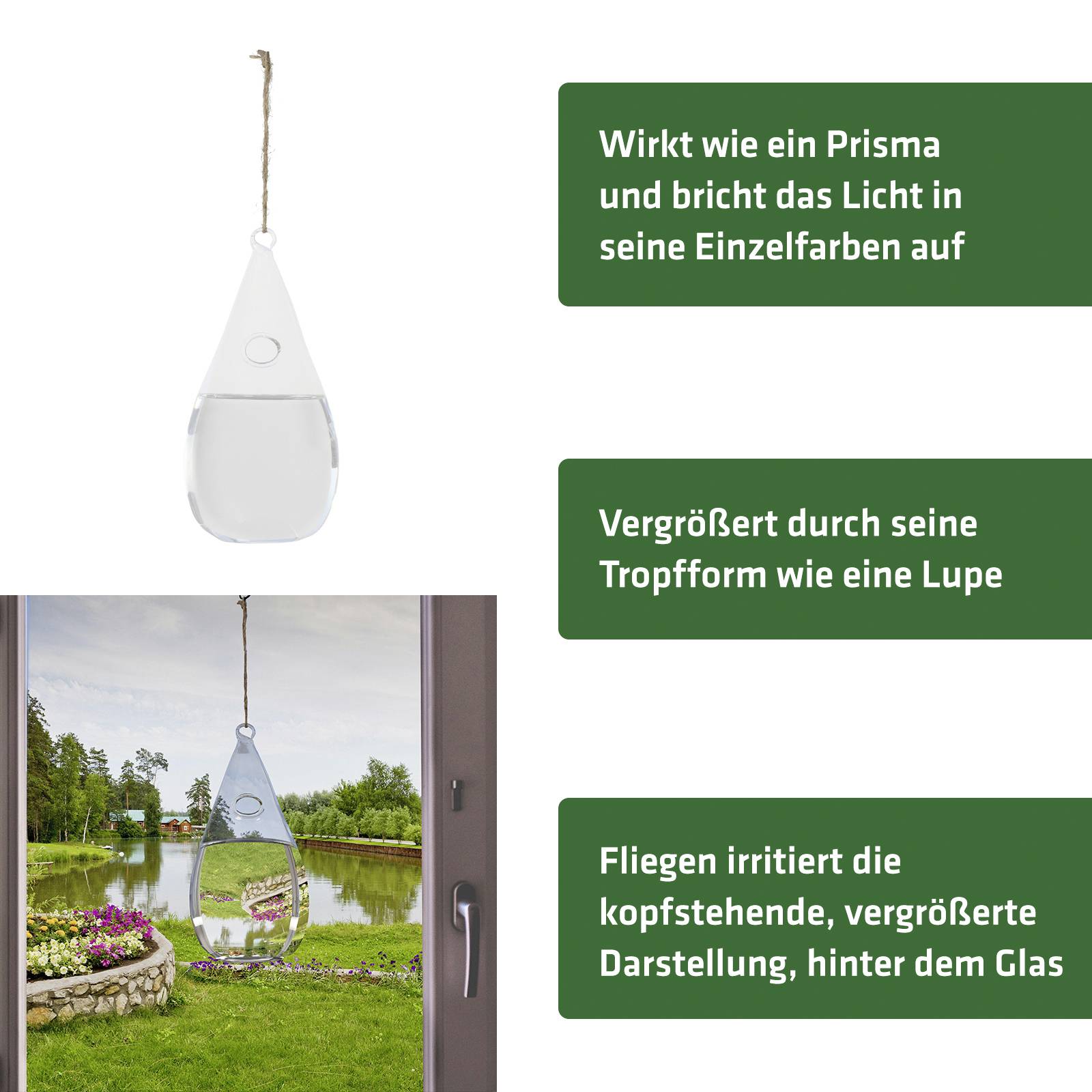 A hanging, teardrop-shaped prism by a window refracts light and magnifies the garden behind.