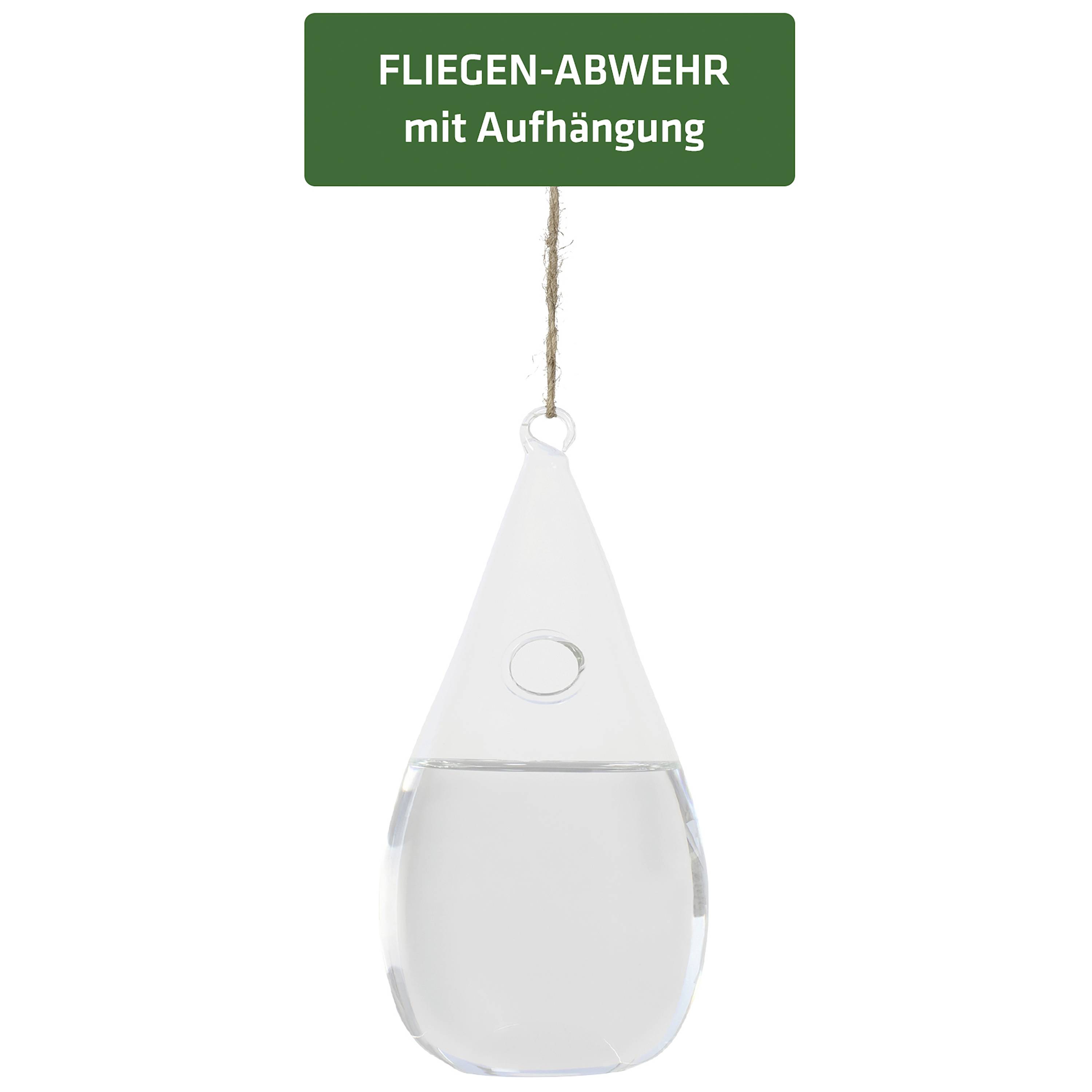 Transparent, teardrop-shaped fly repellent with hanging, underneath text 'Fly Repellent with Hanging' on a green background.