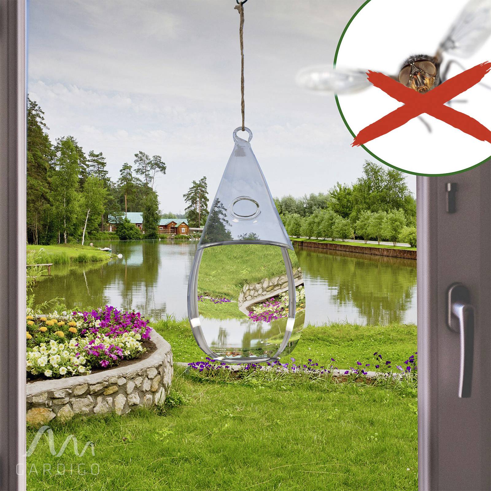 A fly trap hangs in front of a window overlooking a green garden and a pond. Top right: Symbol of a crossed-out fly.