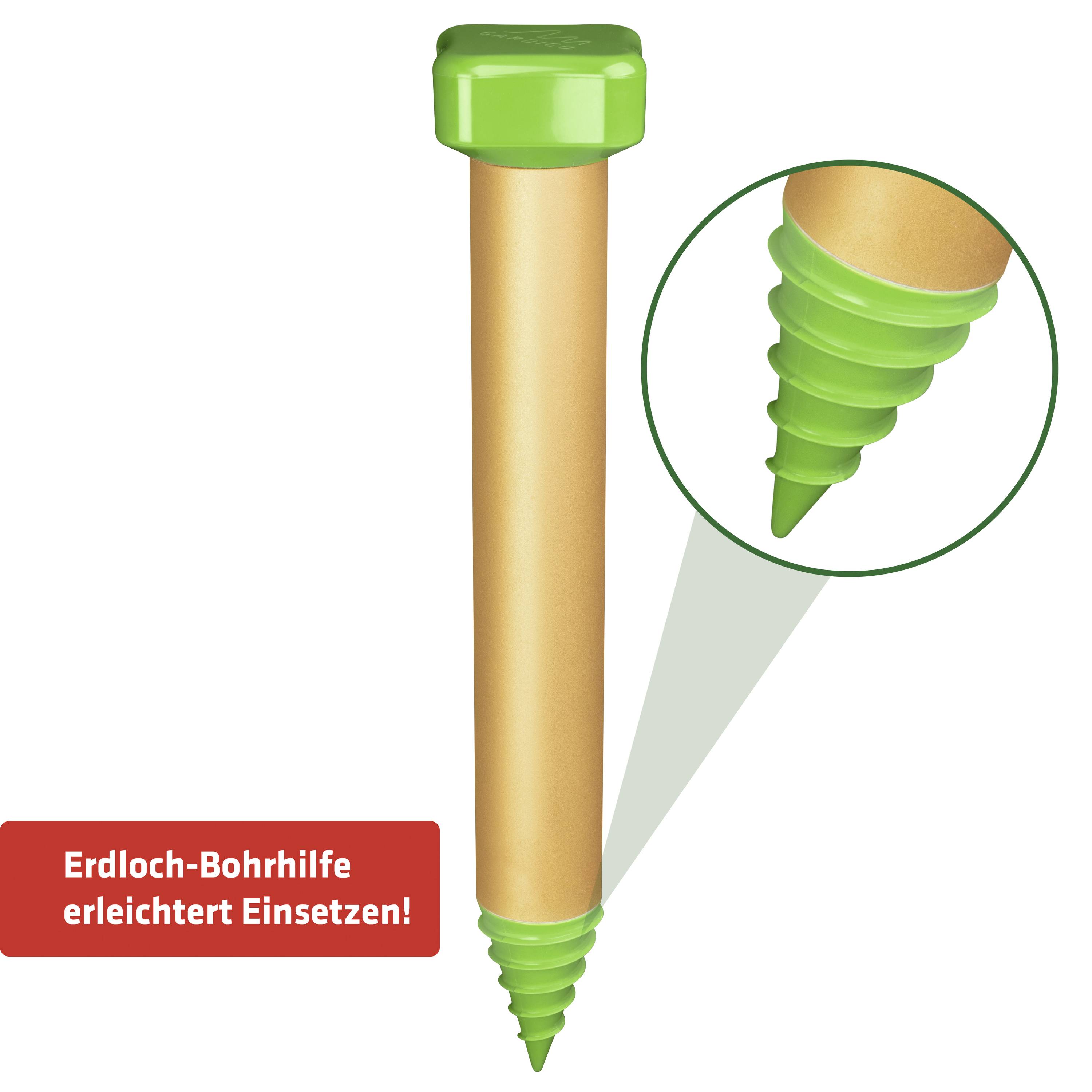 Ground Hole Drilling Aid with Green Screw-Tip Insert; Text: 'Ground Hole Drilling Aid Simplifies Insertion'.