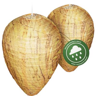 Two brown, wasp-nest-shaped paper lanterns. A green symbol indicates 'precipitation & robust'.
