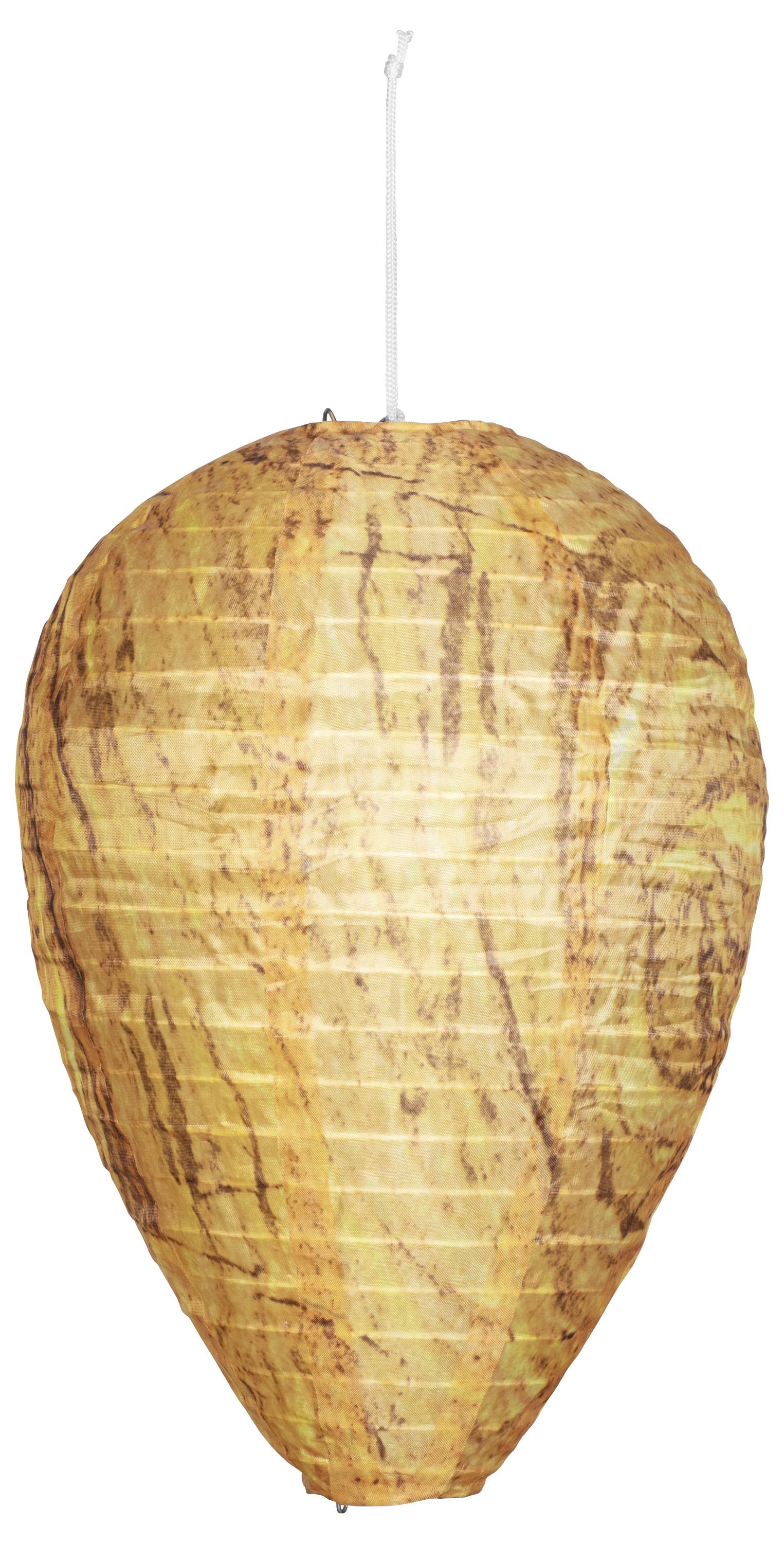 A teardrop-shaped paper lantern, patterned in brown and beige, with a white hanging loop at the top.