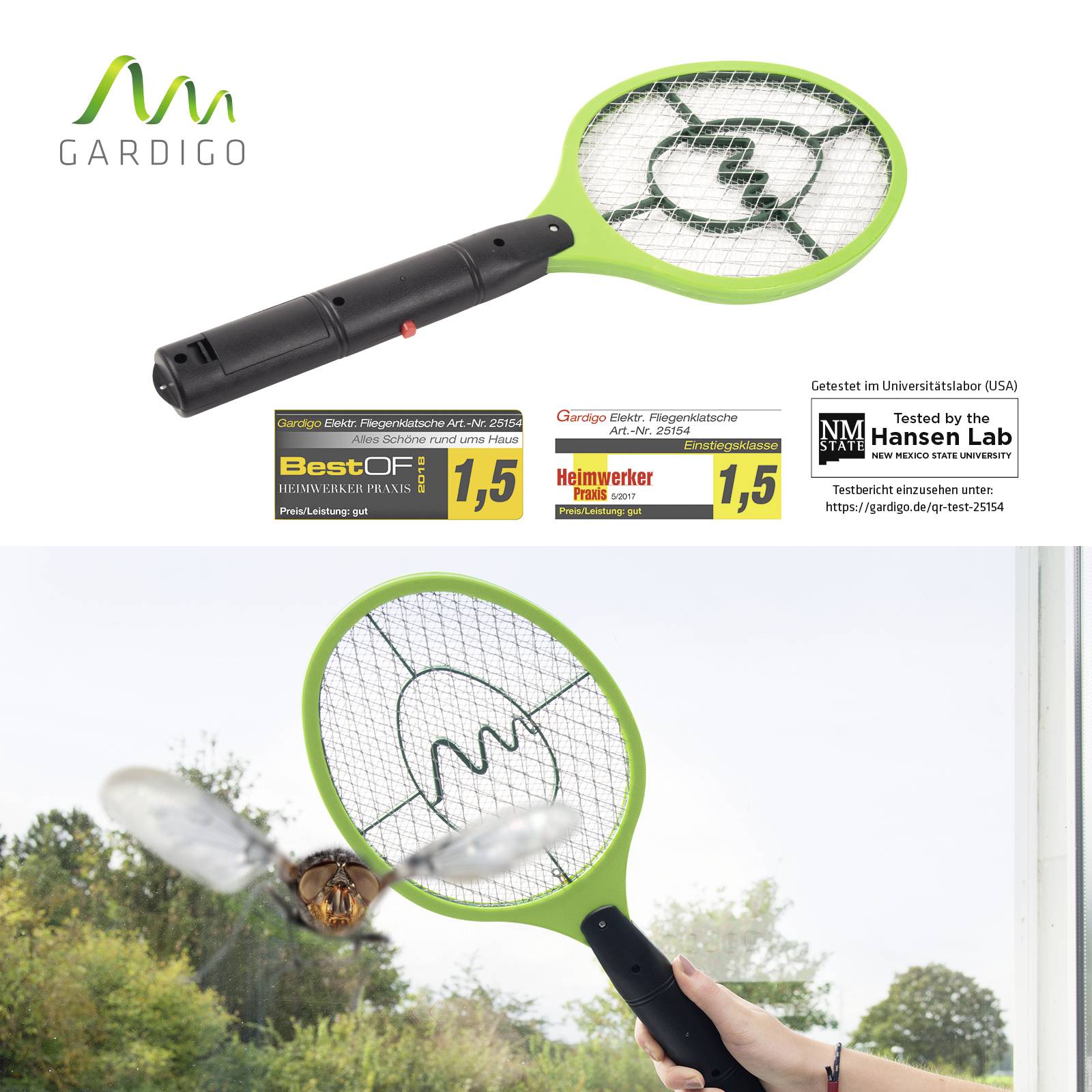 Fly swatter from Gardigo held in hand, swinging to hit a wasp in mid-air. Test seals show good ratings.