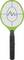 Electric fly swatter in green with a black handle and a fine-meshed net centrally positioned within an oval frame.