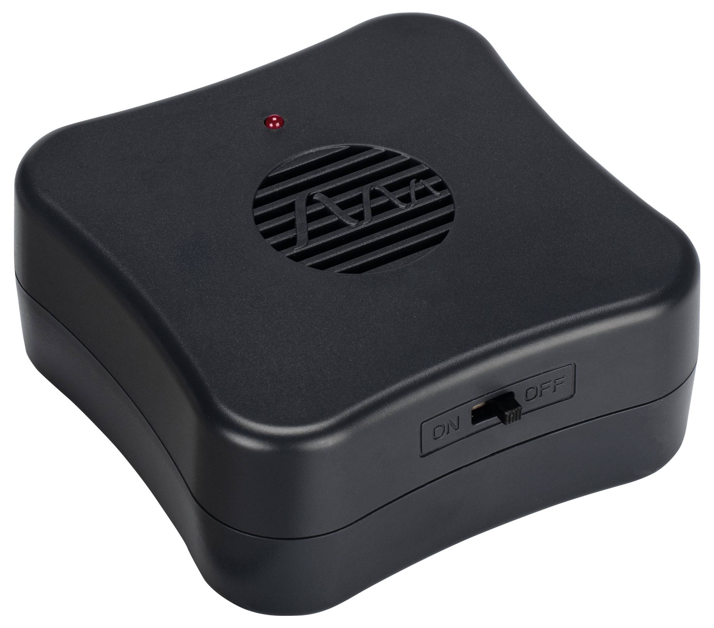Black, square electronic device with ventilation slots at the top and power button on the side, red status indicator at the top.