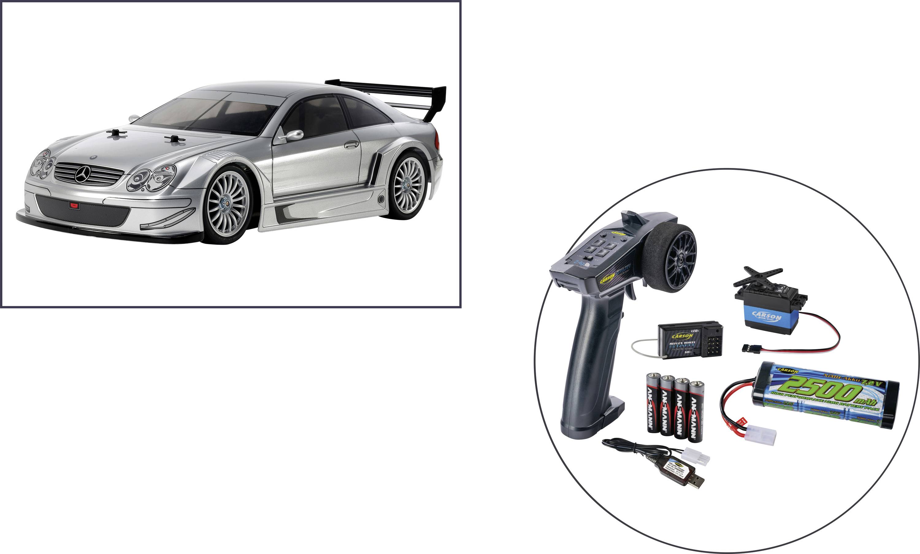 Tamiya TT-02 Tamiya 1:10 RC M-B CLK AMG Silber Start RTR SET Silver (matt) 1:10 RC model car Electric Road version 4WD 100% RtR 2,4 GHz Incl. batteries, Incl.