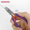 A hand is holding a blue and red pair of pliers and cutting a thin wire. The text 'WORKPRO' is located in the top left of the image.