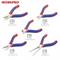 Five mini pliers from WORKPRO on a white background: Linesman, Diagonal, End Cutting, Long Nose and Needle Nose with size specifications.
