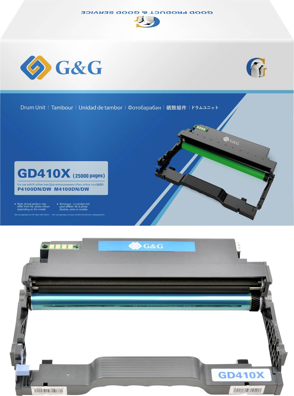 Drum Unit G&G GD410X for Printer Model M4100DN/DW, showing product packaging and removed unit with light blue drum cylinder.