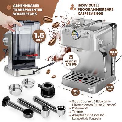ProfiCook Espresso Machine | 2-in-1 | Coffee Capsules and Espresso Powder | Strainer Carrier 20 Bar Italian Pump | incl. Milk Frother Nozzle | Sieve Carrier for Traditional Espresso | PC-ES 1265 ProfiCook Espresso Machine | 2-in-1 | Coffee Capsules and Espresso Powder | Strainer Carrier 20 Bar Italian Pump | incl. Milk Frother Nozzle | Sieve Carrier for Traditional Espresso | PC-ES 1265