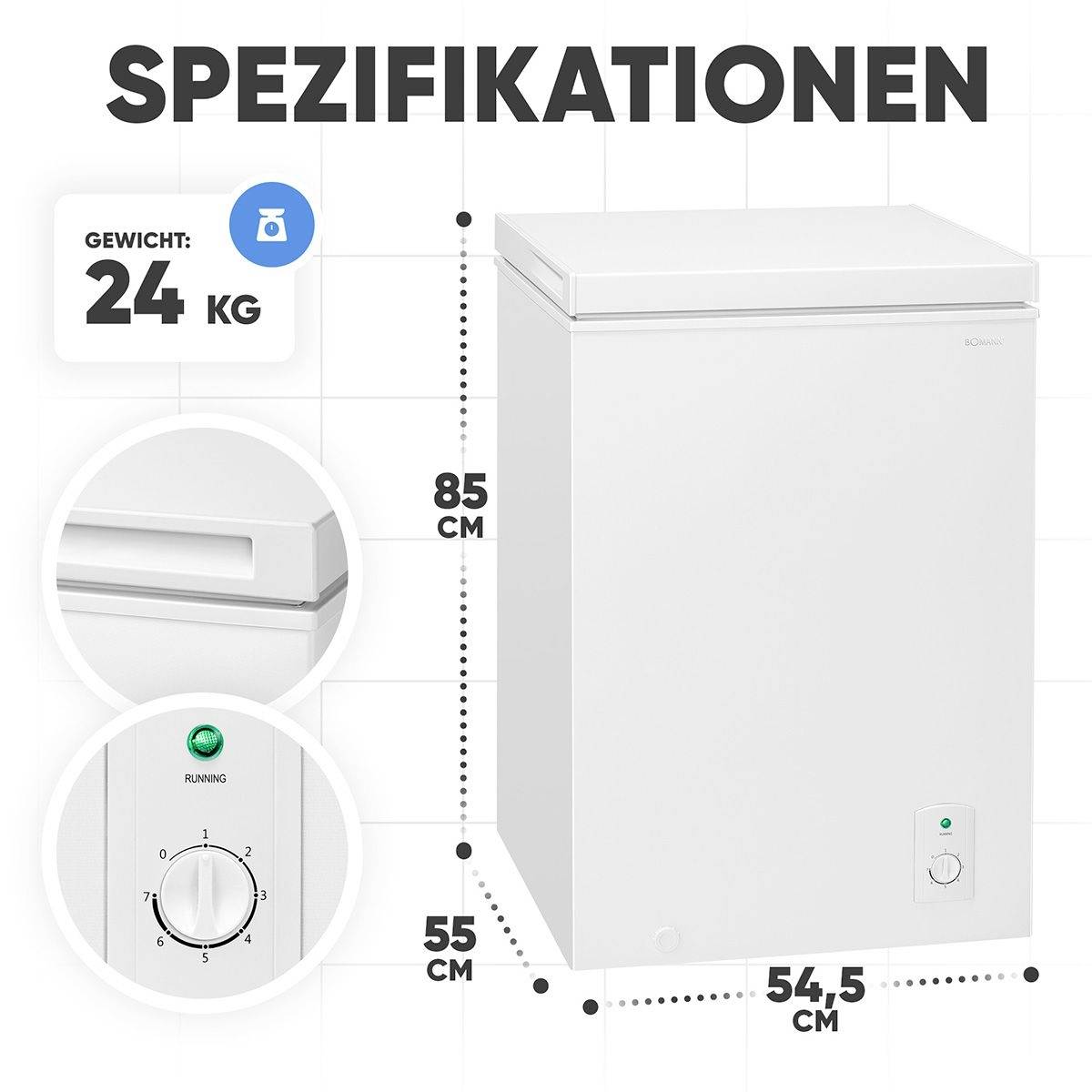 'Freezer: Height 85 cm, Width 55 cm, Depth 54.5 cm. Weight: 24 kg. Includes control panel and indicator light.'